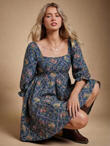 WESTFADE Đầm ngắn tay phồng, cổ vuông, lưng nhún, chất liệu jacquard, họa tiết hoa, phong cách boho dễ thương, thích hợp cho mùa thu, đông, đi xem hòa nhạc đồng quê, trang phục miền Tây cho nữ. - Xanh đậm - Xem 3