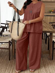 Weeklong 2pcs Plus Size Casual Solid Color Sleeveless Top And Pants Set - Burgundy - View 3