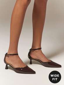 SHUZIA Women's Wide-Fit Elegant Pointed Toe Ankle Strap Kitten Heel Pumps