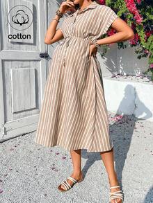 SHEIN 孕妇条纹蝙蝠袖系腰休闲衬衫裙 - 卡其色 - 查看 7