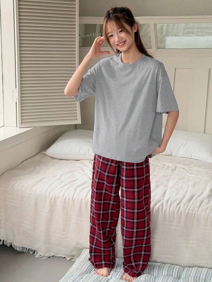 Dazy Kids Teen Girl Solid Color Round Neck Short Sleeve Top And Plaid Wide Leg Pants Casual Loungewear Set Spring Summer - Grey - View 1