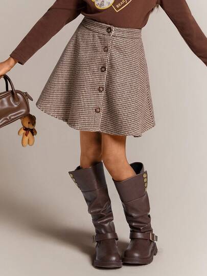 Radiana 少女休闲日常复古百搭优雅千鸟格纽扣前开襟喇叭裙，学院风图案半身裙