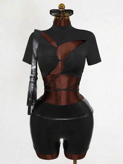 Mistrie Summer And Spring New Style Sexy Half-Neckline Long-Sleeved Irregularly Cutout Drawstring Design Women's Top, Women's T-Shirt, Suitable For Nightclubs