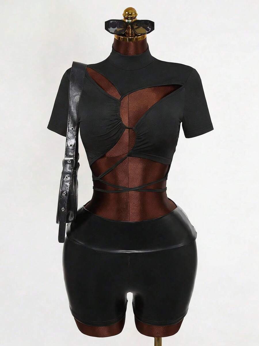 Mistrie Summer And Spring New Style Sexy Half-Neckline Long-Sleeved Irregularly Cutout Drawstring Design Women's Top, Women's T-Shirt, Suitable For Nightclubs - Black - View 1