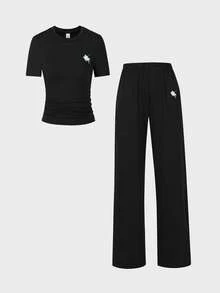 One Piece,Short Sleeve,Casual,Offset Print,Spring And Summer,Teen Girls' Summer Commuting Set, Sporty And Casual Straight-Leg Pants, Short-Sleeved Lightweight And Comfortable Two Pieces Set. - Black - View 8