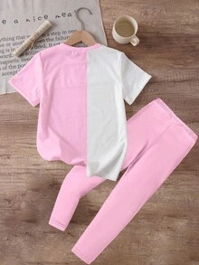 2件套女婴休闲时尚创意个性清新简约可爱卡通兔子爱心撞色标语印花短袖T恤和打底裤套装，舒适日常穿着，适合春、夏、秋季。