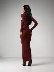 MISSGUIDED Burgundy Ribbed Knit Button Neck Long Sleeve Maxi Sweater Dress With Collared Neckline For Fall Winter Casual Day Wear - Brown - View 2