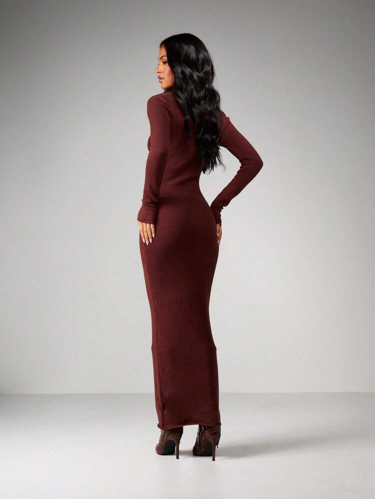 MISSGUIDED Burgundy Ribbed Knit Button Neck Long Sleeve Maxi Sweater Dress With Collared Neckline For Fall Winter Casual Day Wear