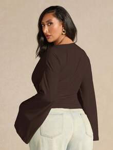 SHEIN BAE Plus Size Women's Apricot V-Neck Bell Sleeve Knit Top - Coffee Brown - View 2