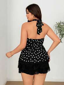 Vionelle 性感V领波点印花露背系带加大码吊带背心 - 黑色 - 查看 6