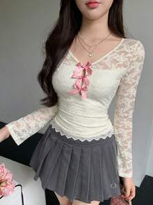 DAZY 女士蕾丝镂空蝴蝶结长袖T恤，可叠穿上衣 - 白色 - 查看 5