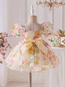 SHEIN 女婴方领花卉网纱方领泡泡袖休闲连衣裙 - 彩色 - 查看 4