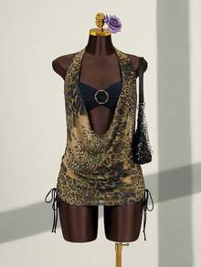 Zestiva 新款豹纹深V领露背圆环束腰显瘦抽绳三件式泳衣，度假风性感 - 彩色 - 查看 1