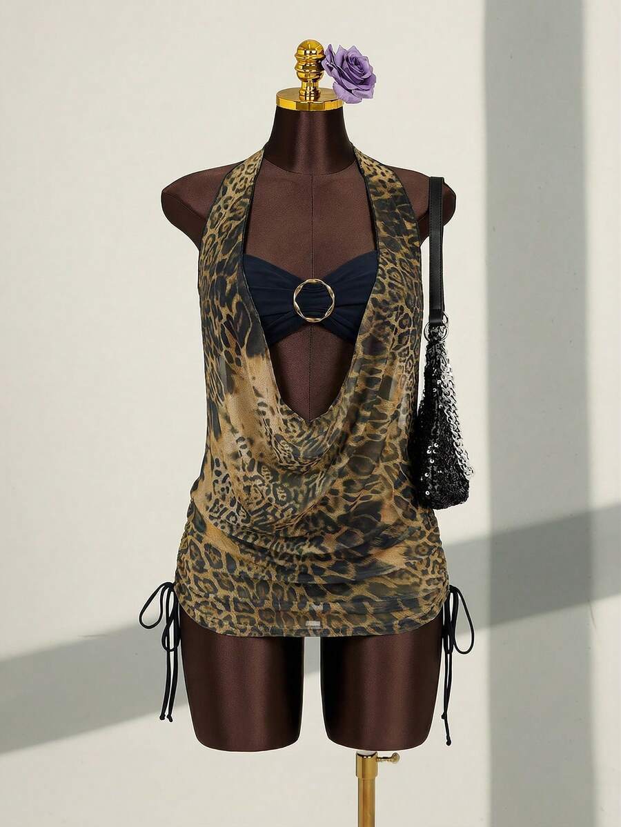 Zestiva 新款豹纹深V领露背圆环束腰显瘦抽绳三件式泳衣，度假风性感 - 彩色 - 查看 1