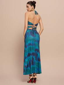 Đầm hở lưng cổ yếm in họa tiết nhuộm tie-dye thanh lịch dành cho nữ, thích hợp cho kỳ nghỉ. - Màu xanh lam - Xem 2