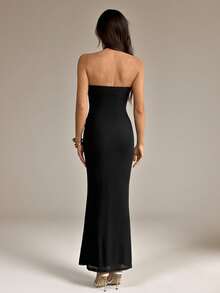 SHEIN Tall 黑色无袖深V领优雅长款连衣裙，黑色连衣裙，飘逸长裙，春夏款 - 黑色 - 查看 2