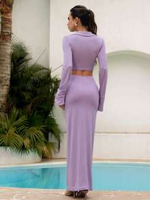 NOVVYNE Women's Midriff-Baring 2 Pieces Set, Purple V-Neck Twist Top With Ruffle Mermaid Maxi Skirt - Purple - View 2