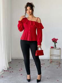 Elenzga Chic Red Plus Size Cold Shoulder Ruffle Top With Asymmetrical Neck And Long Sleeves Fall - Red - View 4