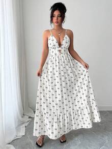 Rafferiza Women's Butterfly & Ditsy Floral V-Neck Backless Sleeveless Maxi Dress, Sexy & Vacation Style, Spring/Summer - White - View 6