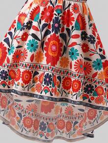 SHEIN 年轻女孩热带花卉印花无袖露背不规则下摆连衣裙，休闲海滩度假时尚 - 橘色 - 查看 5