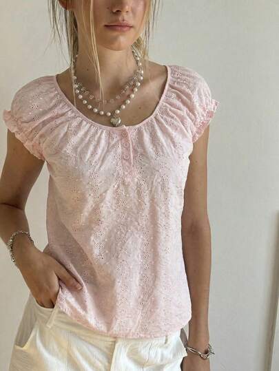 INAWLY 女士休闲度假风纯色褶皱圆领衬衫，夏季