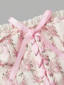 SHEIN MOD 复古花卉印花梦幻浪漫魅力收腰衬衫，饰有荷叶边、蝴蝶结和交叉系带——完美适用于约会、派对、节日、下午茶和生日派对 - 粉色 - 查看 3