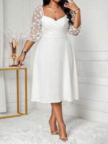 SHEIN Lady 大码夏季优雅撞色网纱贴花心形领连衣裙 - 白色 - 查看 6