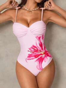 Shapewave Women's Summer Beach Floral Print Spaghetti Strap Ruched Front High Elasticity Shapewear Criss-Cross Back Casual Vacation One Piece Swimsuit - Pink - View 7