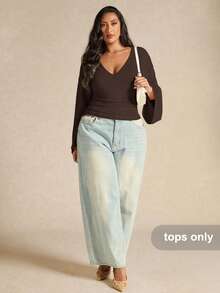 SHEIN BAE Plus Size Women's Apricot V-Neck Bell Sleeve Knit Top - Coffee Brown - View 3