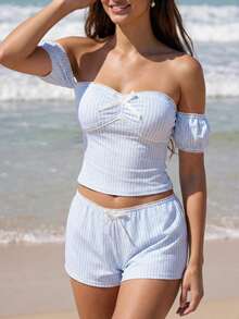 Swim Mod Summer Women's Striped Cute Girlfriend Matching Off Shoulder One-Sleeve Three-Quarter Beach Pants Camisole Strap Bikini - Blue and White - View 3
