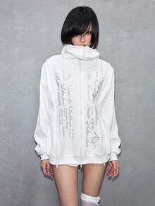 ROMWE Avant Y3K Avant-Garde Sweatshirt With Silver Numeric & English Graphic Print, For Women - White - View 7