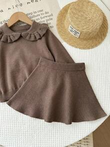 SHEIN 女婴休闲舒适翻领荷叶边毛衣半裙套装 - 棕色 - 查看 8