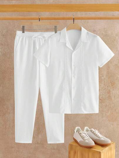 HIMLAND Men's Solid Color Minimalist Casual Short Sleeve Shirt And Pants Set ,Men's Navy Band Collar Shirt And White Pants Set ,Short Sleeve Button Down Mandarin Collar Suit ,Summer Breathable Linen Beach Vacation Outfit ,Casual Smart Grandad Collar 2 Piece Set ,Lightweight Drawstring Trousers Matching Set ,Boho Style Groom Beach Wedding Clothes ,Men's 2 Piece Linen Blend Set ,Band Collar Shirt ,Relaxed Fit Casual Set ,Summer 2 Piece Outfit Men For Husband Boyfriend Gift Simple Fashion Commuting