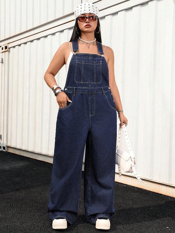 Jeanoix Plus Size Y2K Women Deep Blue Washed Denim Jumpsuit, Casual High Waist Loose Straight Leg Overalls
