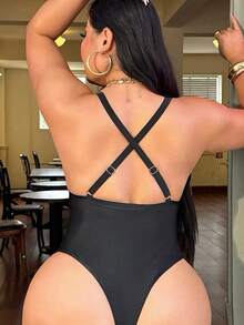 Swim SXY 大码性感黑色网纱拼接V领连体泳衣，适合海滩度假，春夏款 - 黑色 - 查看 3