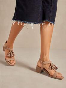 SHUZIA #WideFitChic Women's Block Heel Square Toe Suede Tan Tassel Charm Sandals–Stable Heel & Easy Summer Styling - Mocha Brown - View 2