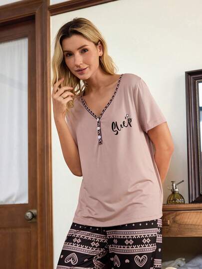 Doze Lane Heart & Geometric Print V-Neck Short Sleeve Pajama Set For Women, Casual V Neck Lounge Wear Western Pj Set