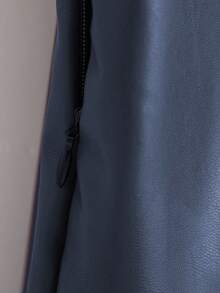 Franclia 优雅时尚短款褶裥可调节系带双层侧边隐形拉链PU皮酒红色女裙，秋冬款 - 藏蓝色 - 查看 5