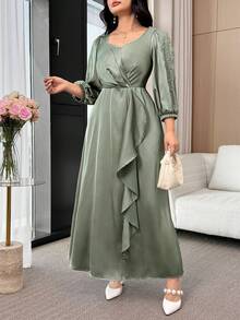 Modelyn Plus Size Elegant Commuter Solid Color Lace Trim Dress Ruched Detail Dress Elegant Modest Dress - Green - View 9