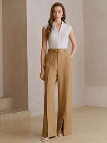 Anewsta Women's High Waist Khaki Wide Leg Pants With Belt Loops And Slit Hem, Loose Elegant Business Casual Trousers - Khaki - View 6