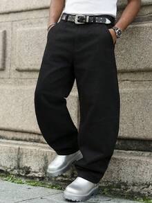 Manfinity EMRG Gothic Punk Style Men's Wide Leg Long Black Denim Jeans With Graphic Pattern And Zipper - Black - View 3