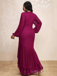 Truni Plus Size Elegant Solid Color Lantern Sleeve Dress, For Pear & Triangle Body Shape - Red Violet - View 2