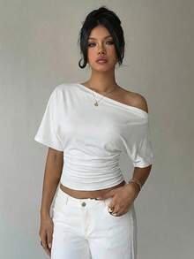Aloruh Loose Shoulder, Tight Waist, Ruched Waist Basic T-Shirt - White - View 7