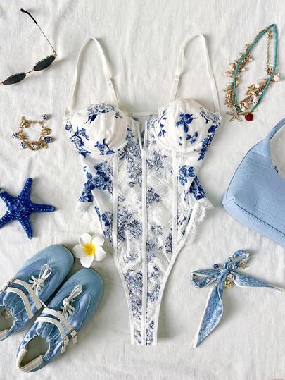 Soleia Women's Vacation Blue & White Floral Print Lace Trim Bustier Bodysuit, Supportive Boned Bodice, Suitable For Party, Valentine's Day, Date, Afternoon Tea, Beach Cruise, Carnival, Spring/Summer Holiday