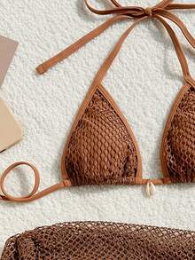 Swim Mod Summer Beach Triangle Bikini Halter Top Bra & Shell Decor Swim Bottom Bikini Set And Beach Cover Up Skirt Bathing Suit