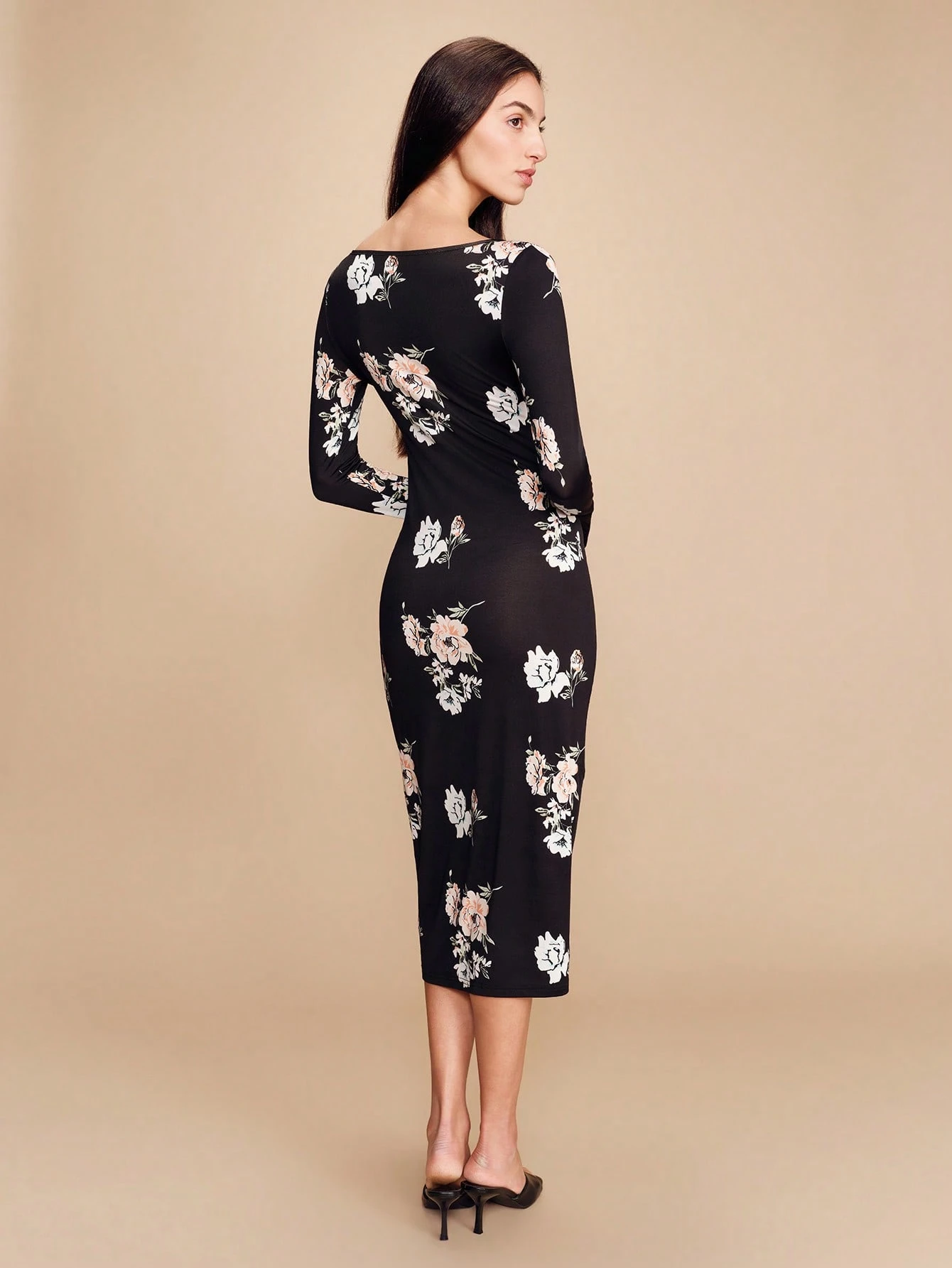 Floral Printed Gathered Waisted Long Sleeve Midi Dress Vintage Style Spring Summer Going Out Date Night Dress Black Floral Dress Floral Midi Dress