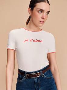 lacRébo White Short Sleeve Tshirt With Red French Embroidered Front 'Je T'aime' Cute Romantic Valentines French Style Parisian Style Slogan Tee Vacation Outfit Valentines Day Spring Summer - White - View 3
