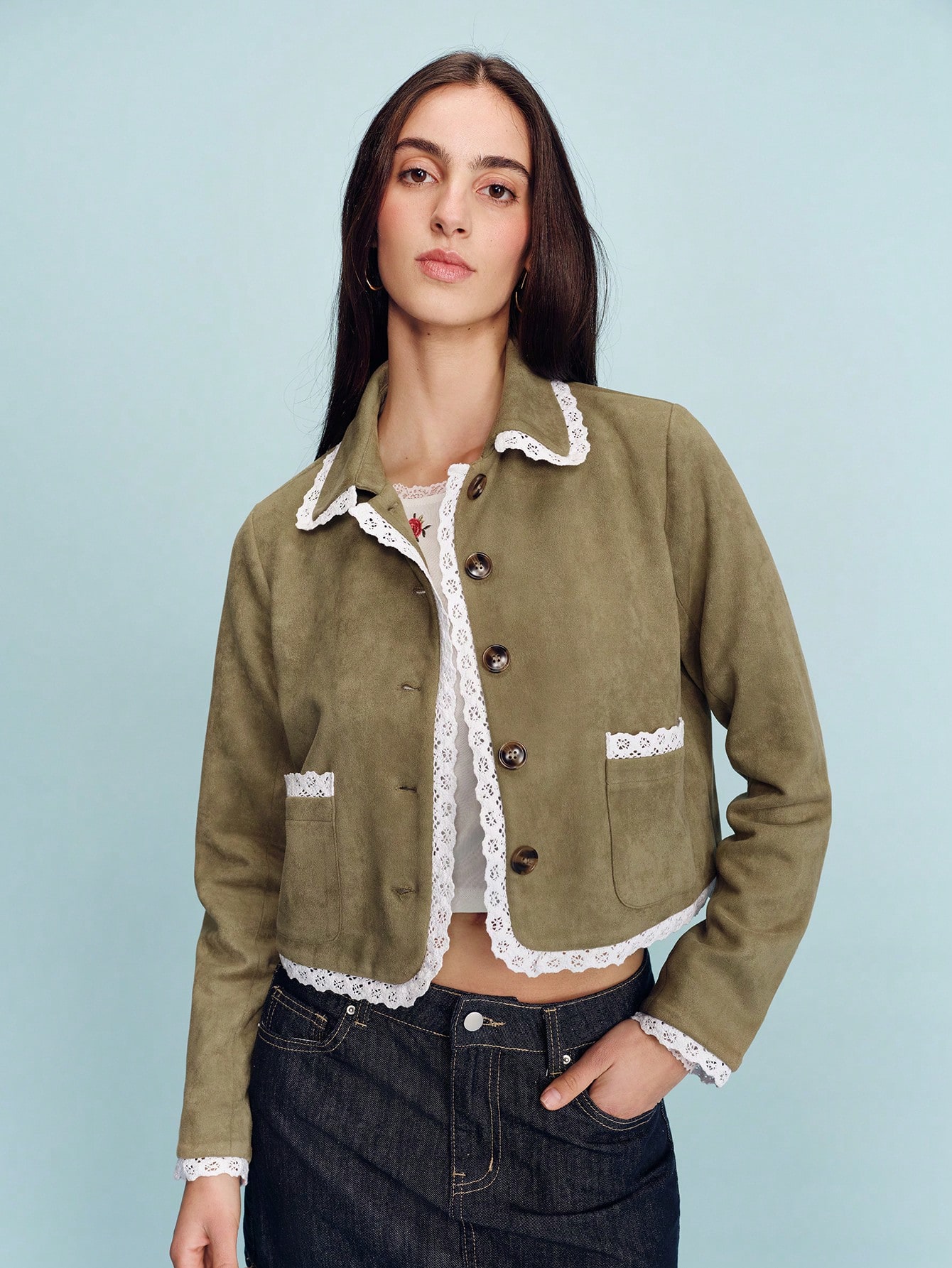 Khaki Suede Effect Jacket With Contrast White Lace Trim Button Front And Patch Pockets Cute Vintage Romantic Outerwear French Style Parisian Style