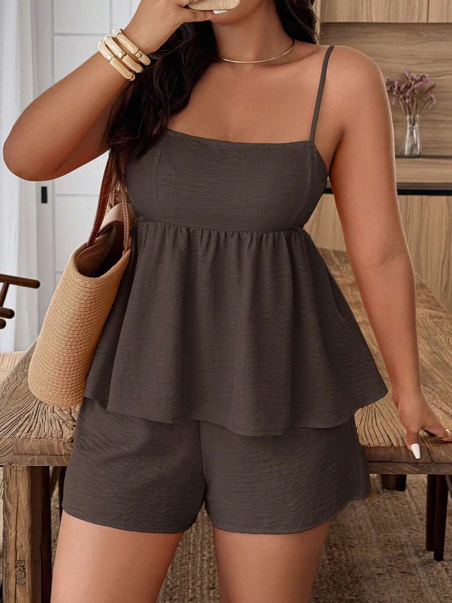 Weeklong Bộ 2 áo hai dây cổ vuông màu trơn cỡ lớn, viền bèo nhún. - Cà phê nâu - Xem 1