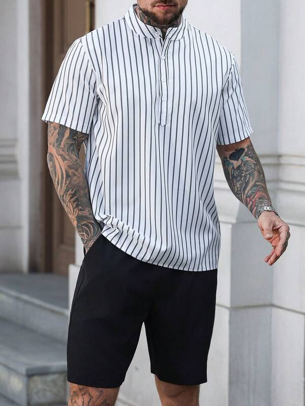Manfinity Homme Men's Casual Striped Short Sleeve Shirt & Shorts Set
